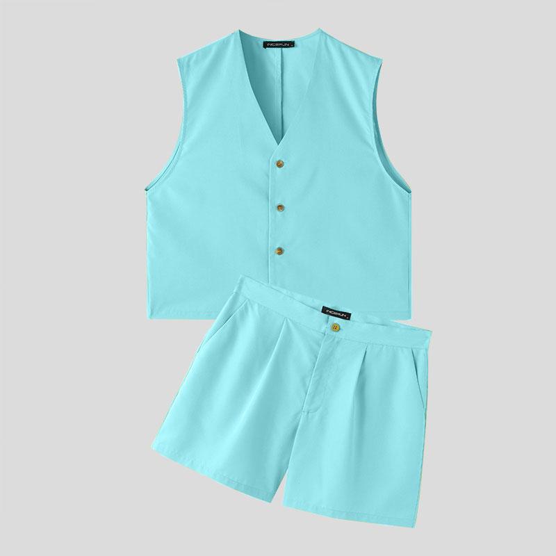 

INCERUN Костюмы из двух частей для мужчин, безрукавка, жилет, шорты, повседневный комплект из коротких брюк на молнии S синий