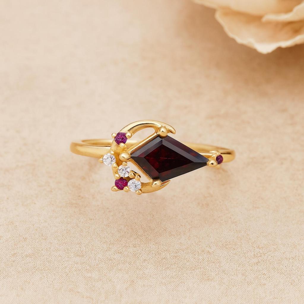 Kite Garnet Ring with Ruby and Cubic Zirconia – Unique Red Gemstone Statement Ring - Gold Plated 925 Sterling Silver Jewelry Gift