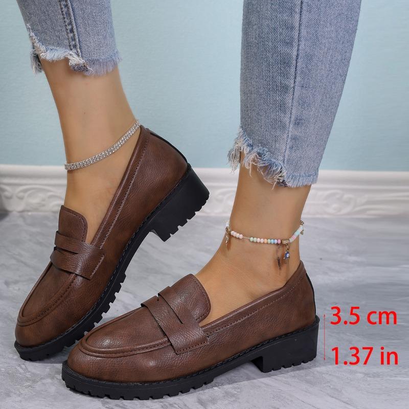 Thick-soled Small Leather Shoes for Women, New Spring and Autumn Style Chunk-heeled Single Shoes, Thick-soled Large-size Versatile Loafers