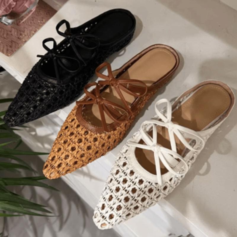 Women Weave Slippers Lace Up Flats Sandals Woman Shoes Summer Trend 2025 New Bow Shallow Slides Walking Cozy Zapatillas De Mujer