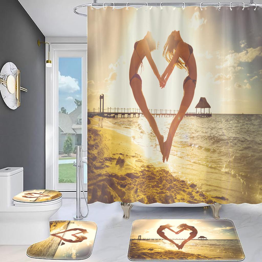 4 st Romantiska rosor Serien Duschdraperisatser för badrum Halkfria badrumsmattor Lock Toalettöverdrag Badmatta förtjocka