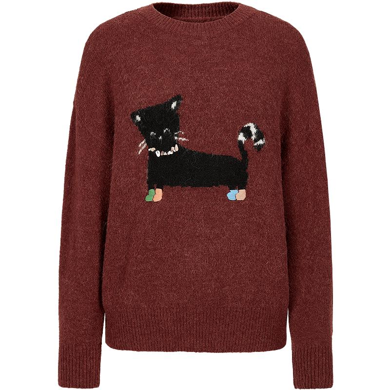 

JUZUI ANNAKO Женский расслабленный трикотажный свитер с жаккардовым узором кошки из смесовой шерсти L