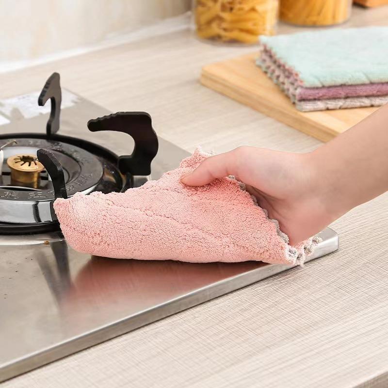 Asciugamano in Pile di Corallo Strofinaccio da Cucina Panno Stampato Bicolore Double-face Spesso Assorbente Panno per Pulizia Spugna Abrasiva