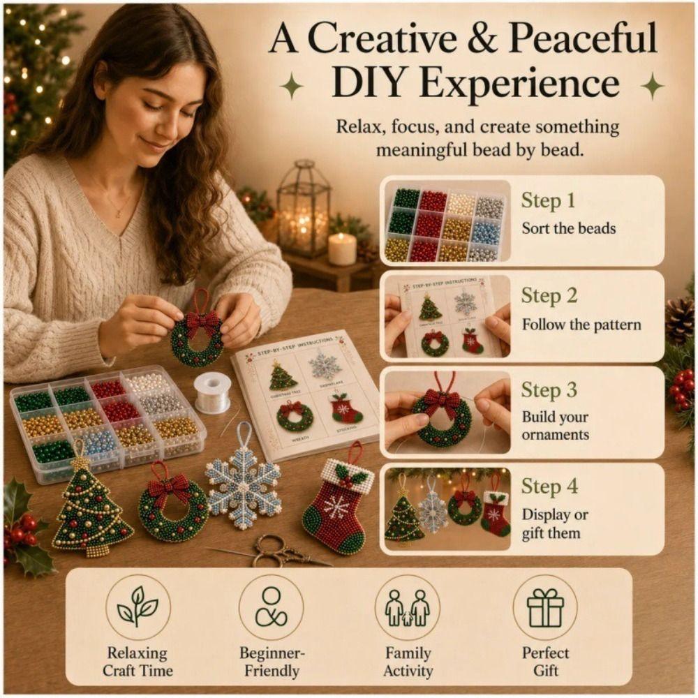 Christmas Themed Christmas Beaded Ornaments Kit 4-Piece Set Beading DIY Kit Christmas Decoration