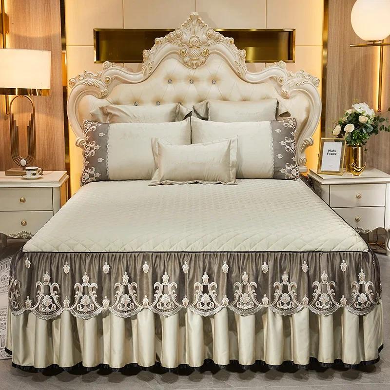 Fashion Lace Bed Skirt Home Decor Bedding Set Luxury Machine Washable Non Slip Embroidery Bedspreads for Queen/King Size Bed
