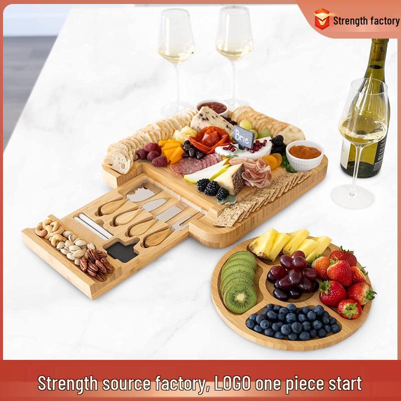 Bamboo Cheese Board with Knife Set and Drawer Tray