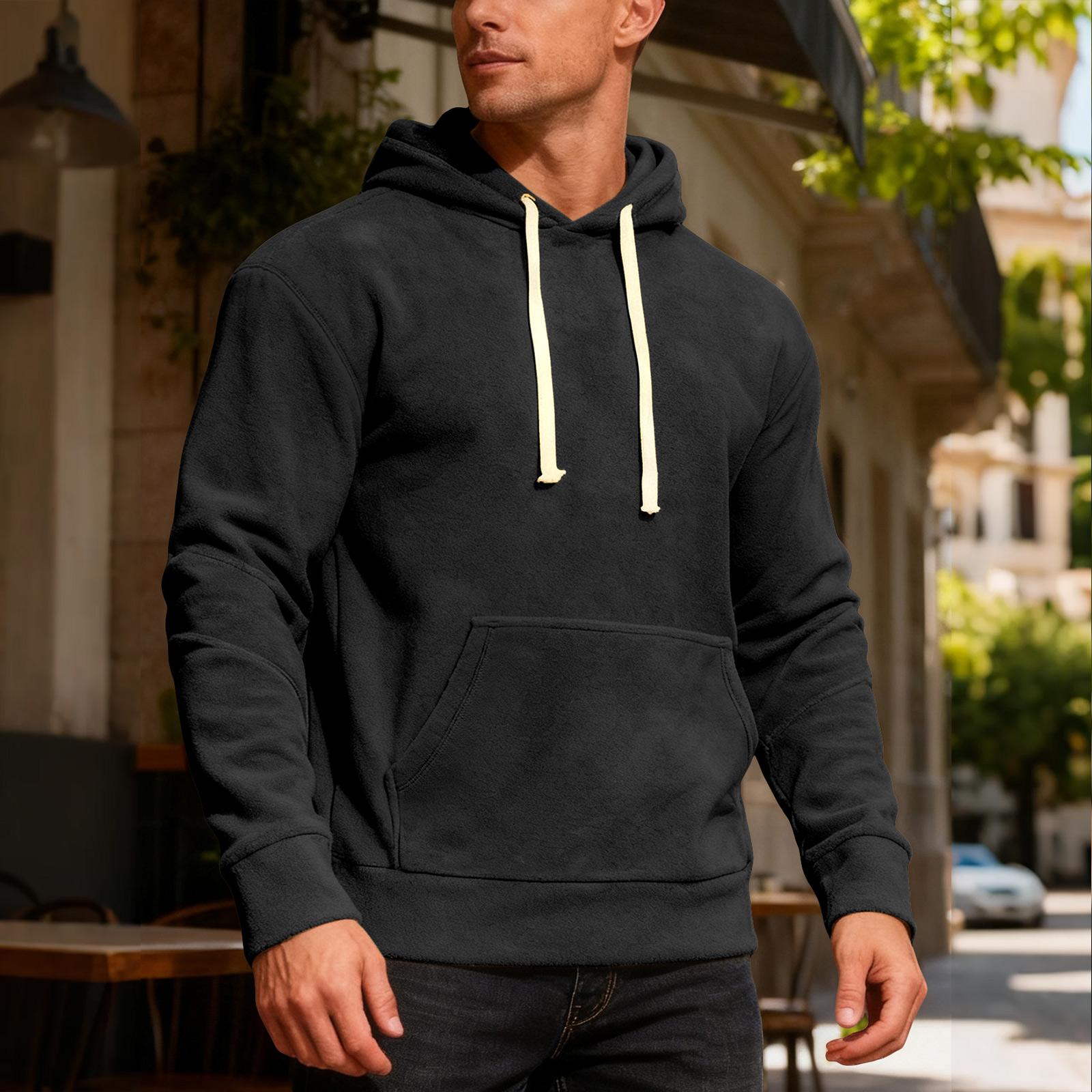 

Men s Casual Sports Hooded Loose Pocket Solid Color Fleece Sweatshirt L