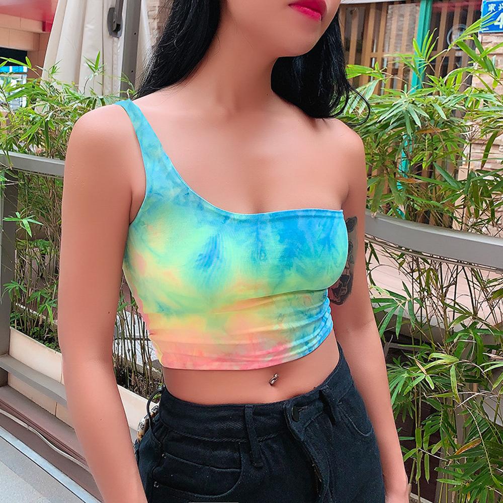Chic Fashion Tie Dye Print One Shoulder Sexy Short Tank Tops Summer Female Sleeveless Festival Crop Tops Vest Short Streetwear