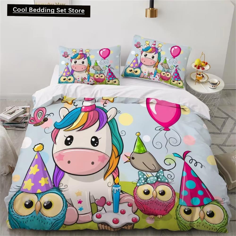 Kinderbettwäsche-Sets, Geschenke, Bettbezug-Sets mit Einhorn- und buntem Pferdedruck für Kinder, Mädchen und Jungen, 2/3-teilig, einzelne rosa Steppdecken