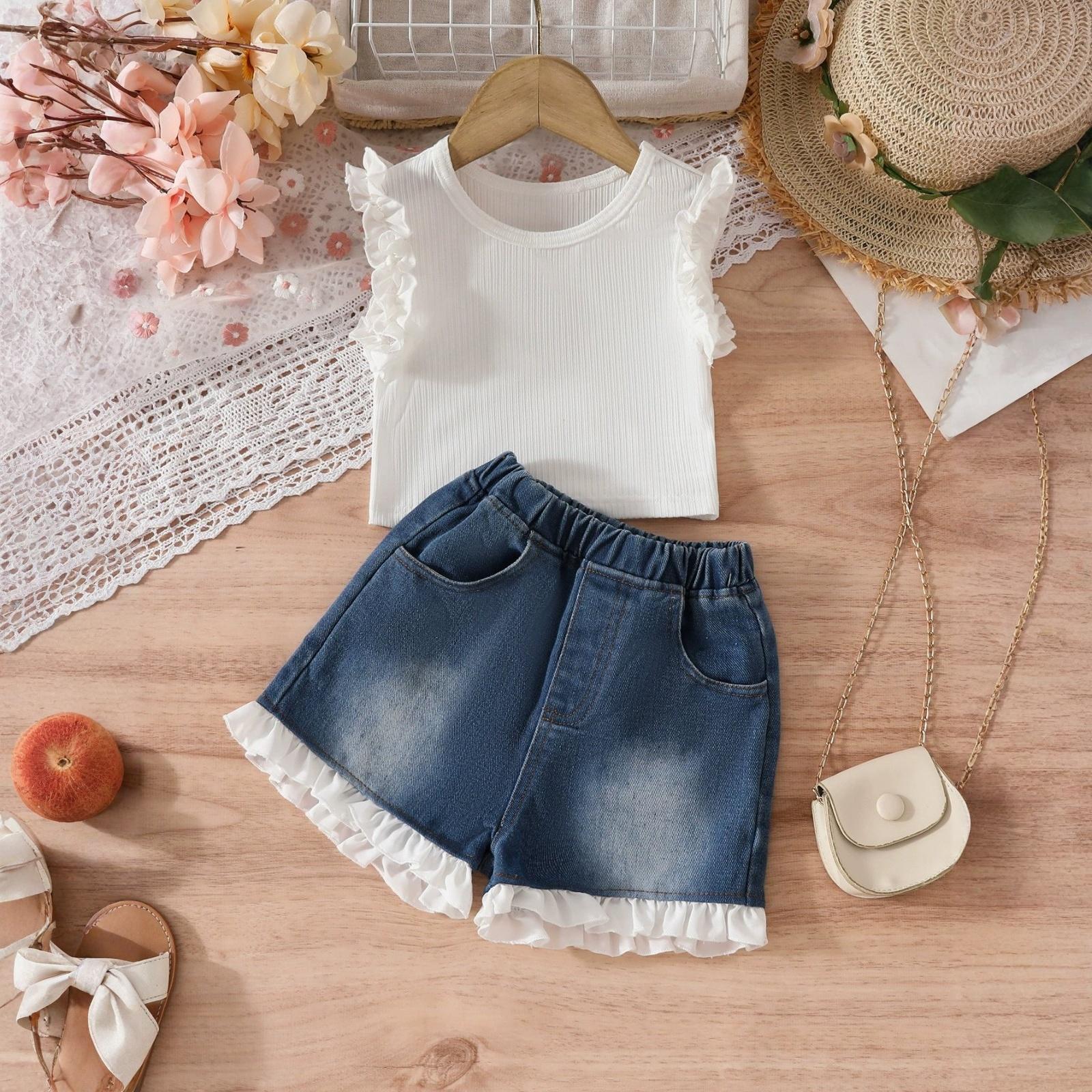 

Sleeveless Ruffle Top & Denim Shorts Summer Set For Girls 120 білий