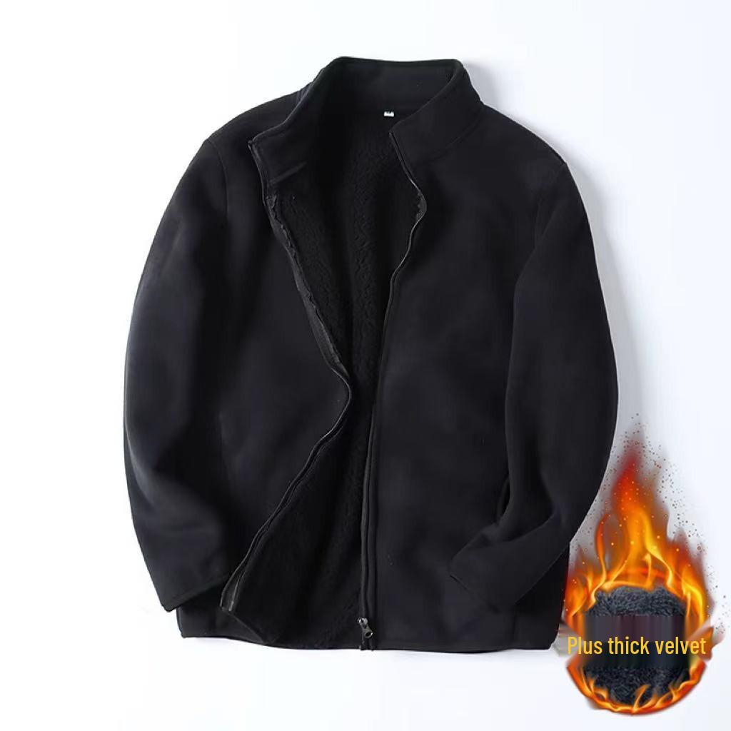 Men's Stand Collar Fleece Lined Thick Lambswool Jacket - Autumn/Winter Plus Size, Solid Color