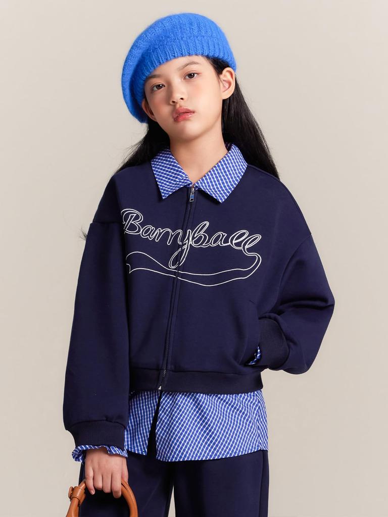 Barry Banny Long Sleeve Navy Zipper Stylish Faux Layered Check Size 120 Girls' Sweatshirt, Blue, Closure, Pattern, Collar, Warm, Kids' Fall/Winter