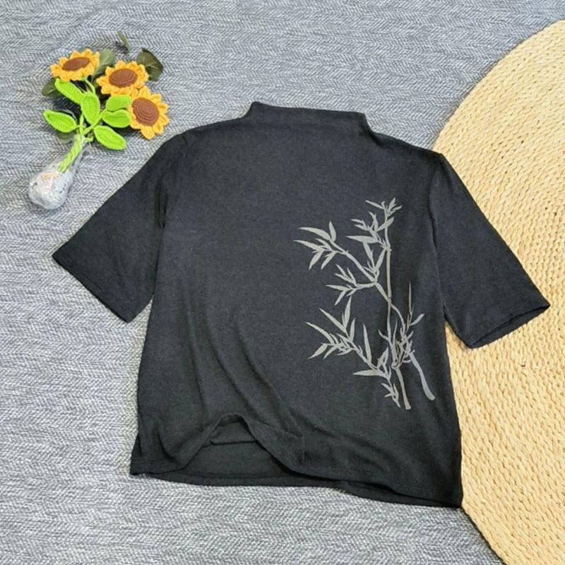 Dimanaf 2025 Autumn Pattern Printing T-shirt Black Women Short Sleeve Loose Tops Tees