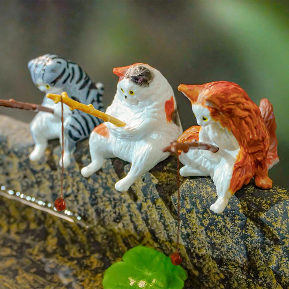 1/5pcs Cute Fishing Cat Ornaments Resin Fish Landscaping Mini Statue Cartoon Figurine Miniatures DIY Handcraft Home Decorations