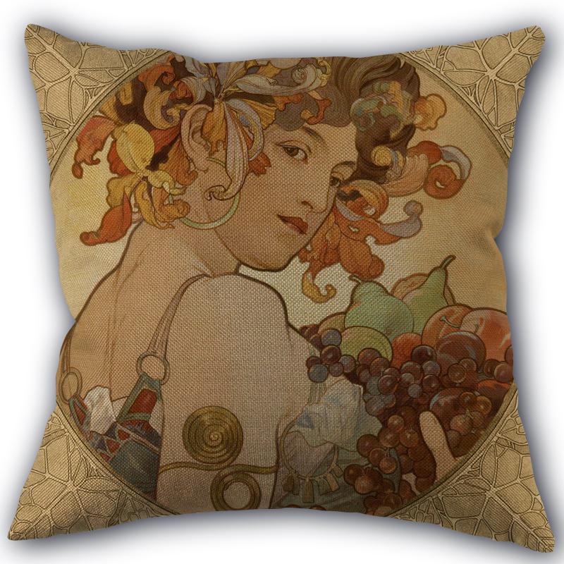Custom Alphonse Mucha Art Pillowcase Cotton Linen Fabric Square Zipper Pillowcase 45X45 Wedding Decorative Pillow Cover