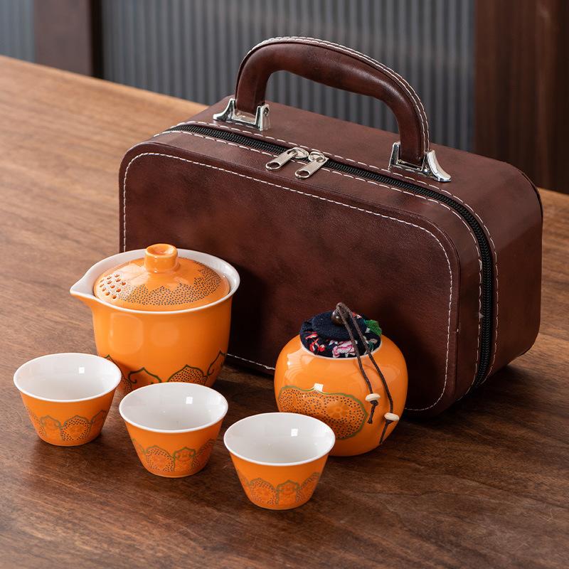 High-end Guochao travel tea set, household high-end business gifts, light luxury, a pot of three cups, commemorative souvenir gifts