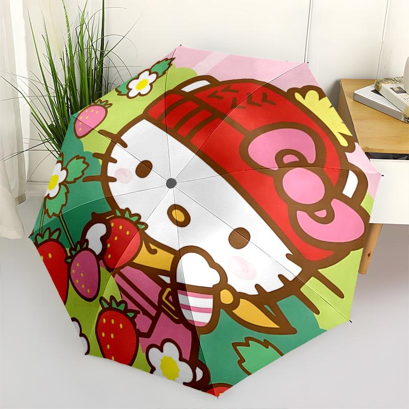1pc Hello Kitty Strawberry Hat Auto Open Close Umbrella, Portable Tri-Fold Design, 8-Rib Iron Frame Outdoor Umbrella, Festival Gift for Fans, Traveler