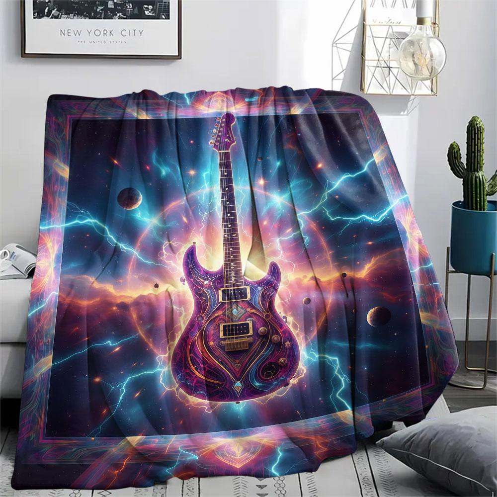 1Pc Vintageguitar Print Flannel Blanket, High quality Comfortable for All Seasons, Home Decor, Warmth and Comfort, Perfect for Christmas Gifts