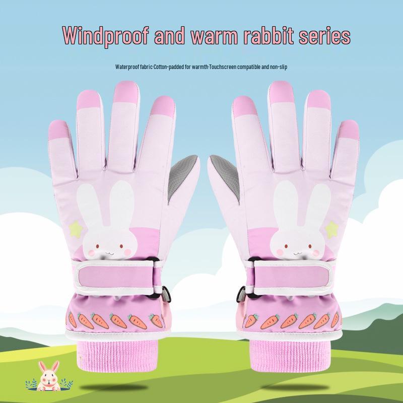 Pink Cartoon Fingerless Cotton Gloves for Girls - Windproof, Warm Winter Cycling and Outdoor Gloves for Primary School Students