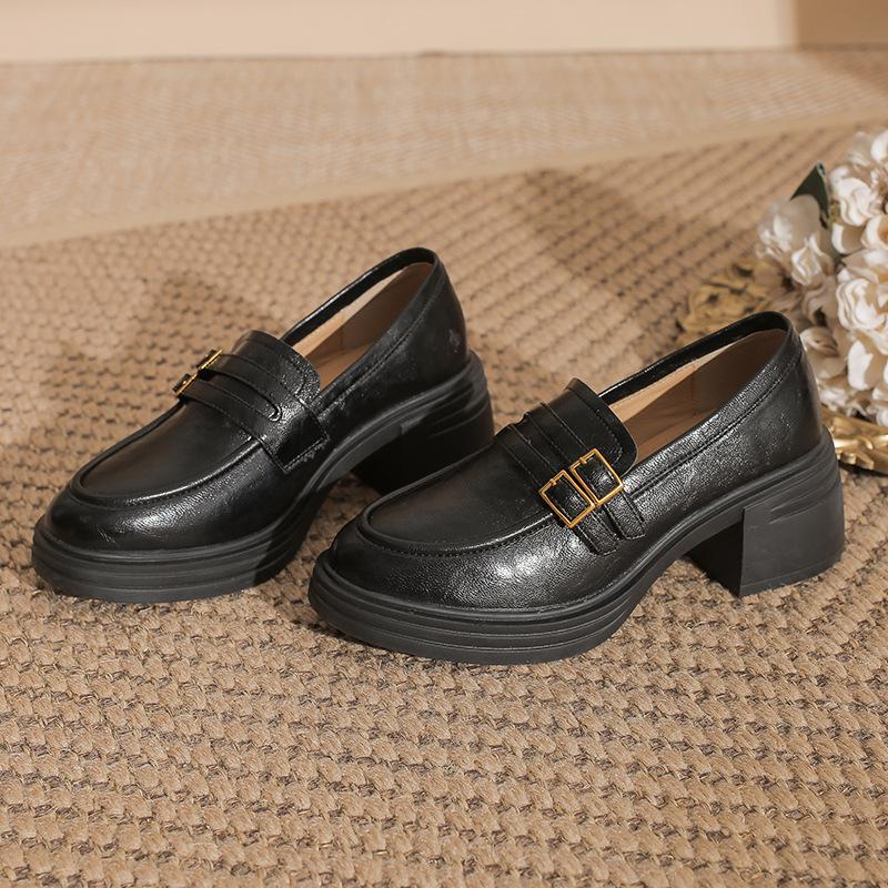 

2025 Women s Black Sheepskin Platform Loafers with Chunky Heels and Double Row Buckle in British Style. 39