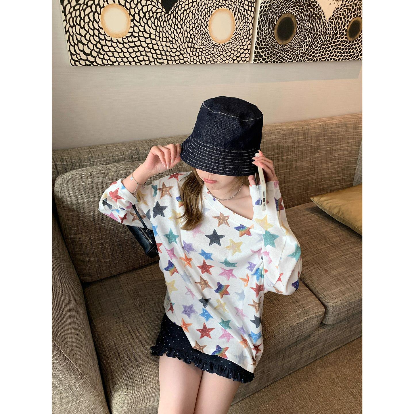 

Chic Women s One-Shoulder Star Print Long Sleeve Tee for Fall 2025 - Lightweight Sun Protection Cover-Up M белый