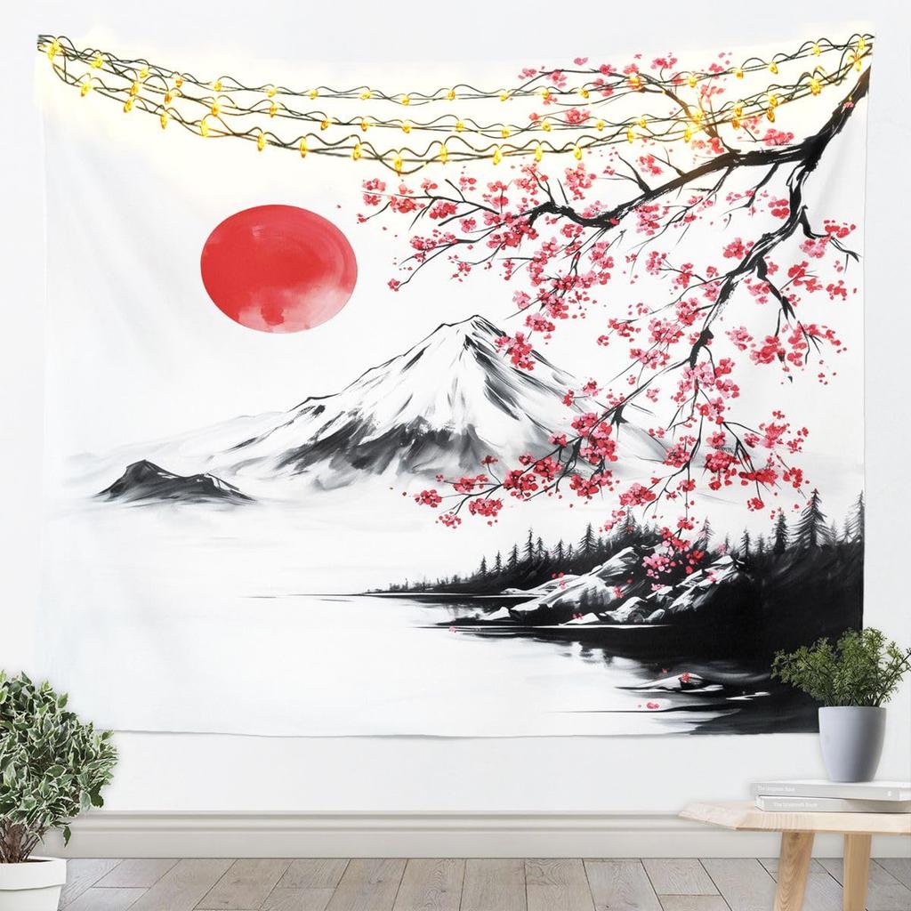 Cherry Blossom Tapestry Japanese Style Wall Art for Living Room Bedroom Chinese Ink Painting Wall Hanging Blanket Plum Blossom