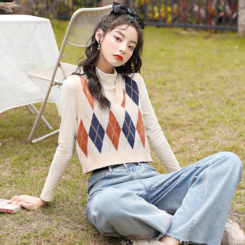 Sleeveless Pullover England Vintage Geometric Rhombic V Neck Knitted Sweater Vest Knitwear Lady Waistcoat Tops Women