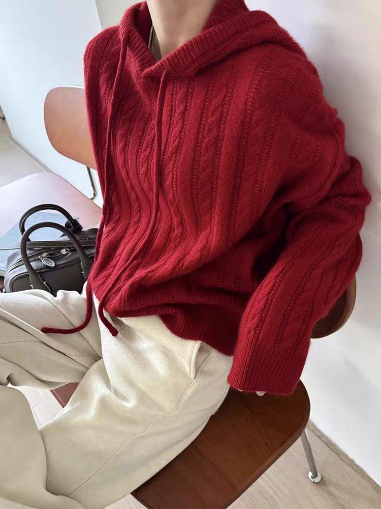 Women's Hooded Pure Wool Cable Knit Sweater - Loose Slimming Fit, Solid Color, Ideal for Autumn/Winter