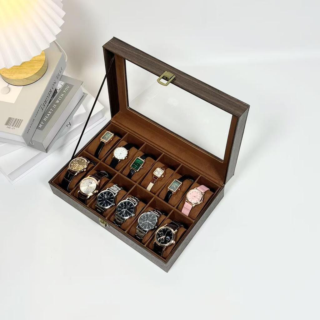 Retro Wood Grain 12-Slot PU Leather Watch Storage Box - In Stock