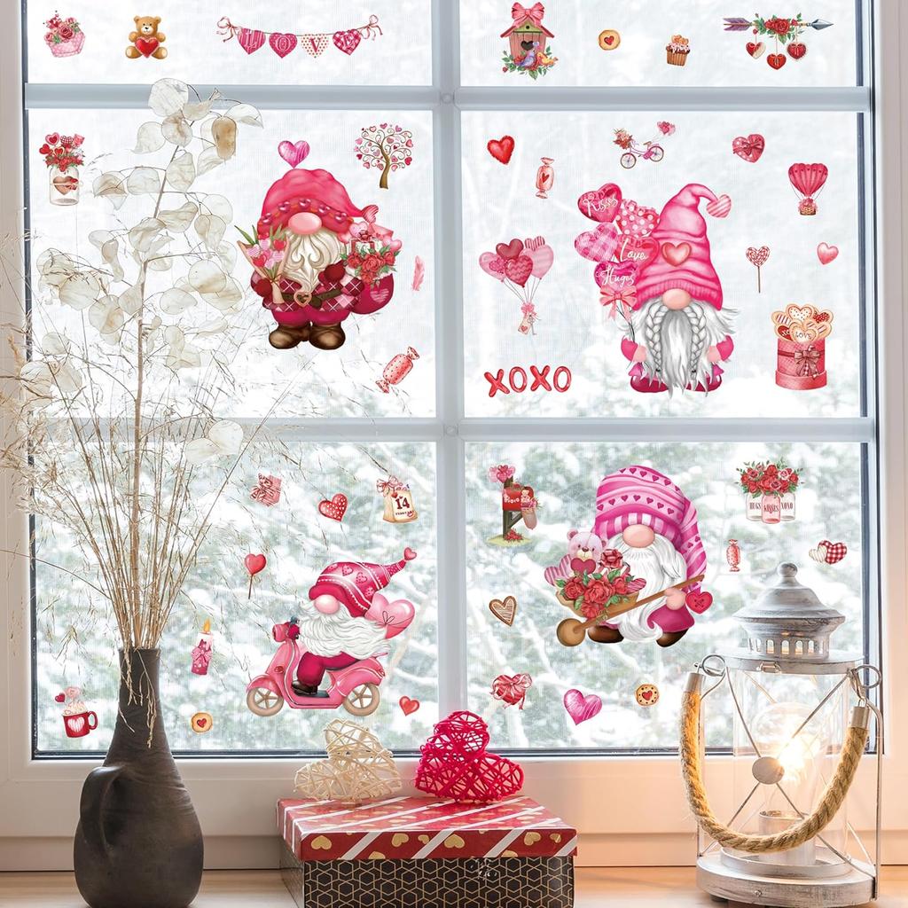 BORAMDO Valentine's Day Window Clings 12 Sheets, Happy Valentine's Day Gnome Decals Stickers, Removable Pink Decorations for Glass Windows, Holiday