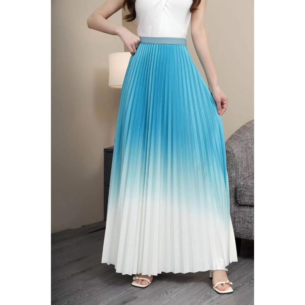 Qooth Elegant Women A Line Gradient color Pleated Skirt Wide Hem Mid Length Elastic Waist Slim Skirt QT2643