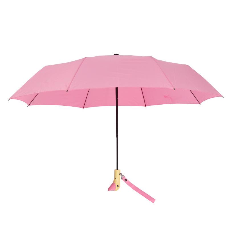 Cute Three-Fold Duck Head Umbrella: Cartoon Design, Wooden Handle, Solid Color for Rain or Shine.
