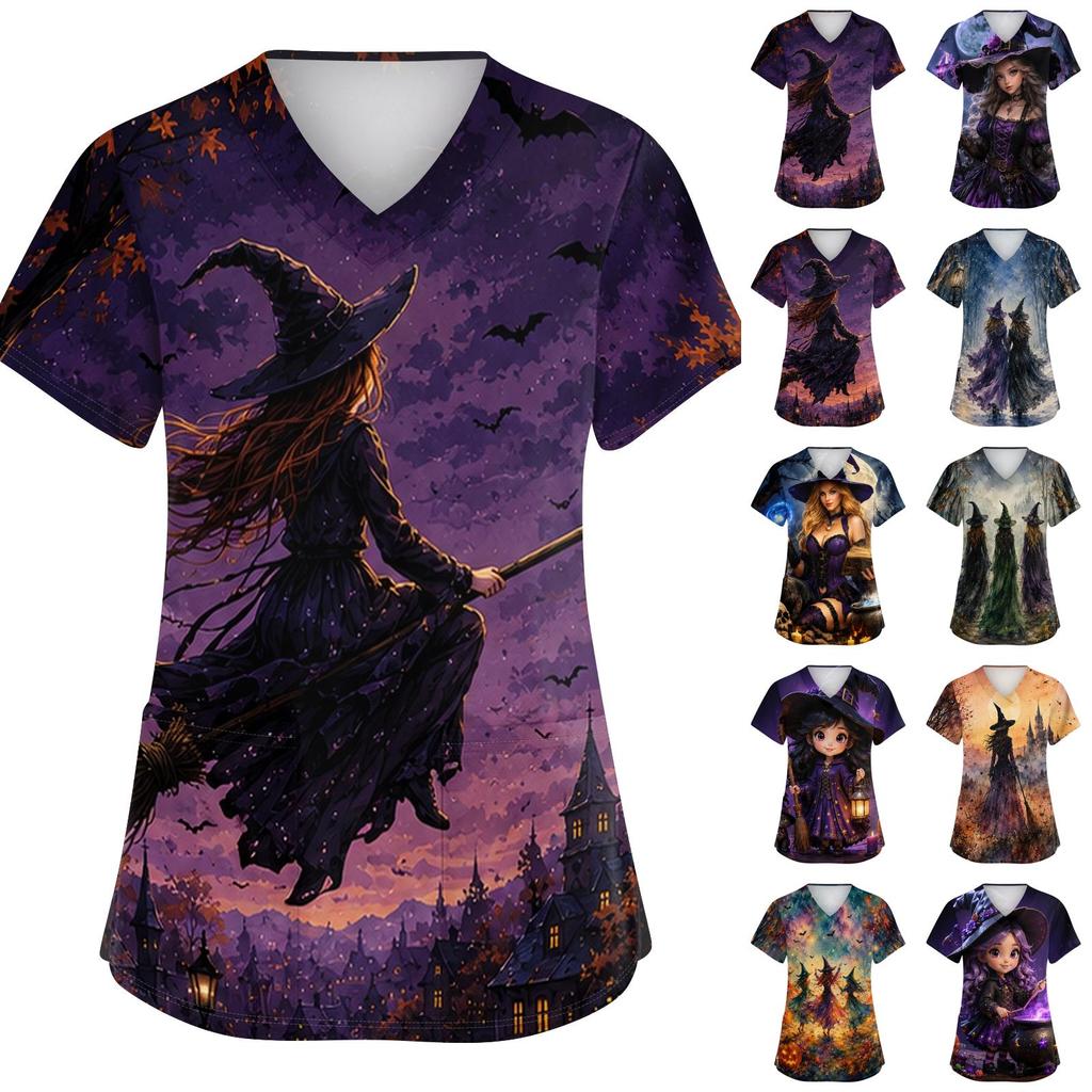 Women's V-Neck Short Sleeve Work Top with Pockets Halloween Print Caregiver Uniform
