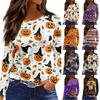Women's Long Sleeve Round Neck Top with Halloween Print and Side Slit Hem for Casual Holiday Wear
