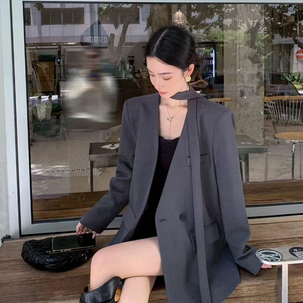 Elegant Belted Casual Blazer Women Spring Autumn Loose Fit Tied Sleeve Slimming Office Suit