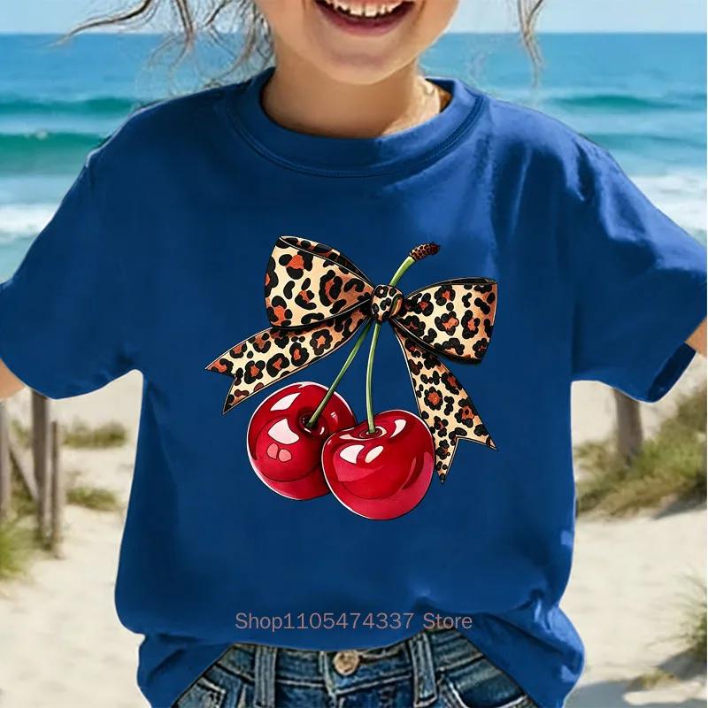Leopard Print Cherry Print Kids Tshirt Summer Girls Casual Cute Comfortable Colorful Tops Children Oneck Short Sleeve Tees