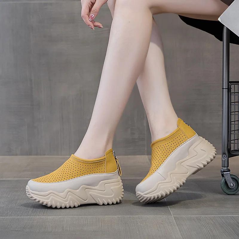 Fashion High quality 7CM Genuine Leather Shoes Sandals Platform Wedge Women Chunky Sneakers Ladies Casual Hollow Summer Vulcanized shoes
