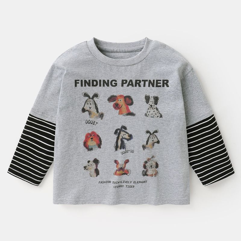 Boys  Cartoon Print Striped Sleeve Fake Two-Piece Long-Sleeve T-Shirt, Spring and Autumn 2026 New Style Top Base Shirt Floral Gray 130