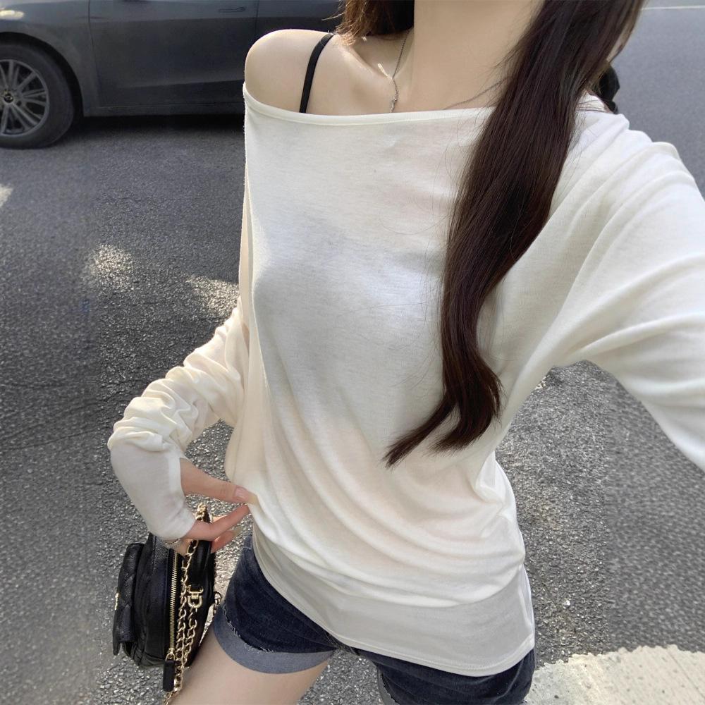Lazy Slightly Transparent Slanted Neck Off-shoulder Bat Sleeve Long-sleeved Sunscreen Shirt Women's Summer New Loose and Sexy Finger Blouse