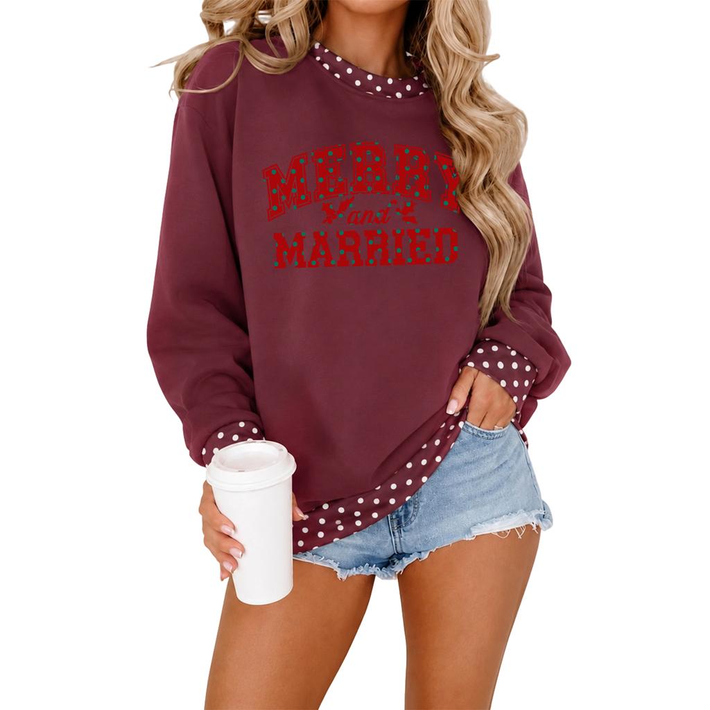 Women's Christmas Sweatshirt Casual Letter Polka Dot Color Block Pullover Top for Holiday