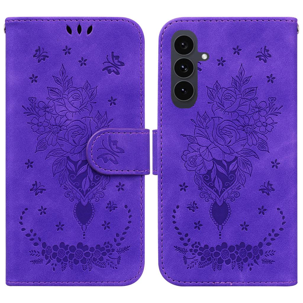 For Samsung Galaxy S25 FE Case Butterfly Flower Imprint PU Leather Wallet Phone Cover with Strap