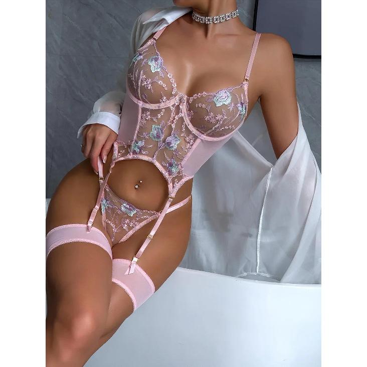 Floral Embroidery Mesh Corset Lingerie Set See Through Garter Belt 3 Piece Sexy Outfit Valentine Boudoir Photoshoot Romantic