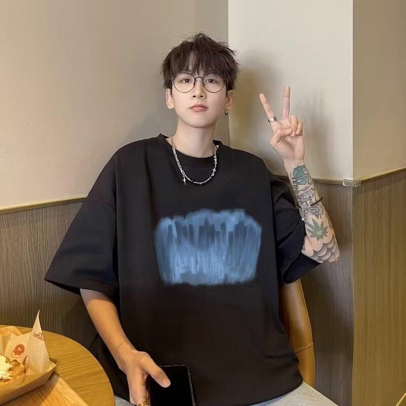 Men'S Trendy Letter Round Neck Printed Short Sleeved T-Shirt For Summer Ins Loose Casual Top