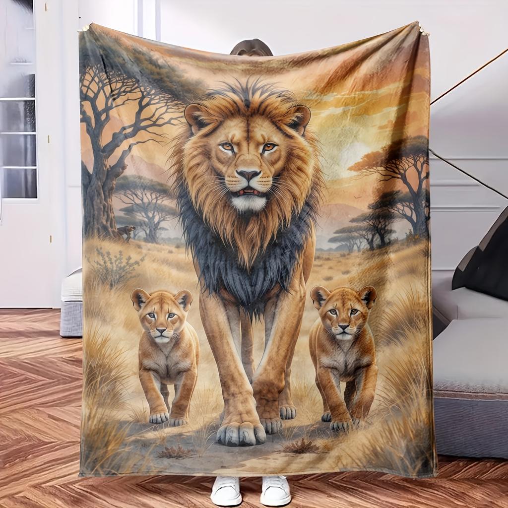 A Lion and Two Cubs in Savannah Savanna.-Themed Blanket - Comfortable Flannel Fabric Digital Printing Hypoallergenic Suitable for