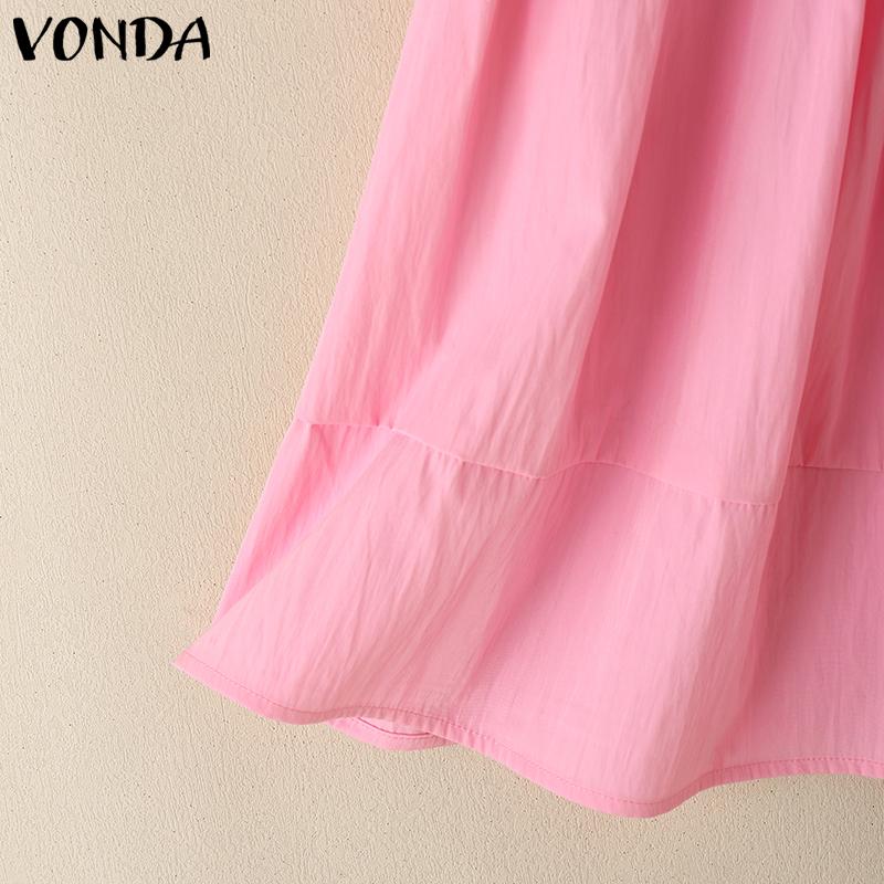 VONDA Women Summer O-neck Short Sleeve Lace Hem Casual Ruffled Blouse