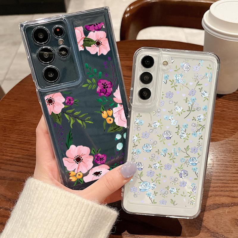 Flower Print Transparent Phone Case For Samsung Galaxy S25 S24 S22 Ultra S23 S24 FE A17 A56 A16 A36 A26 A55 A15 A25 A54 5G Shockproof Soft Back Cover
