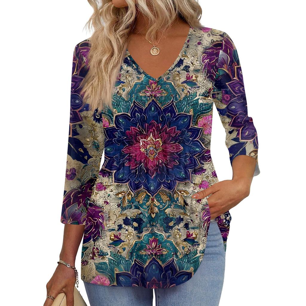 Women's T Shirt Print 3/4 Sleeve Fashion Basic V- Neck Regular Top