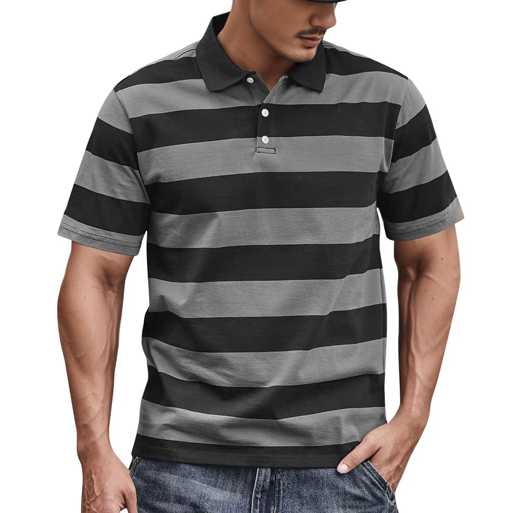 Men's Summer Stripe Print Button Lapel Loose Short Sleeve Top