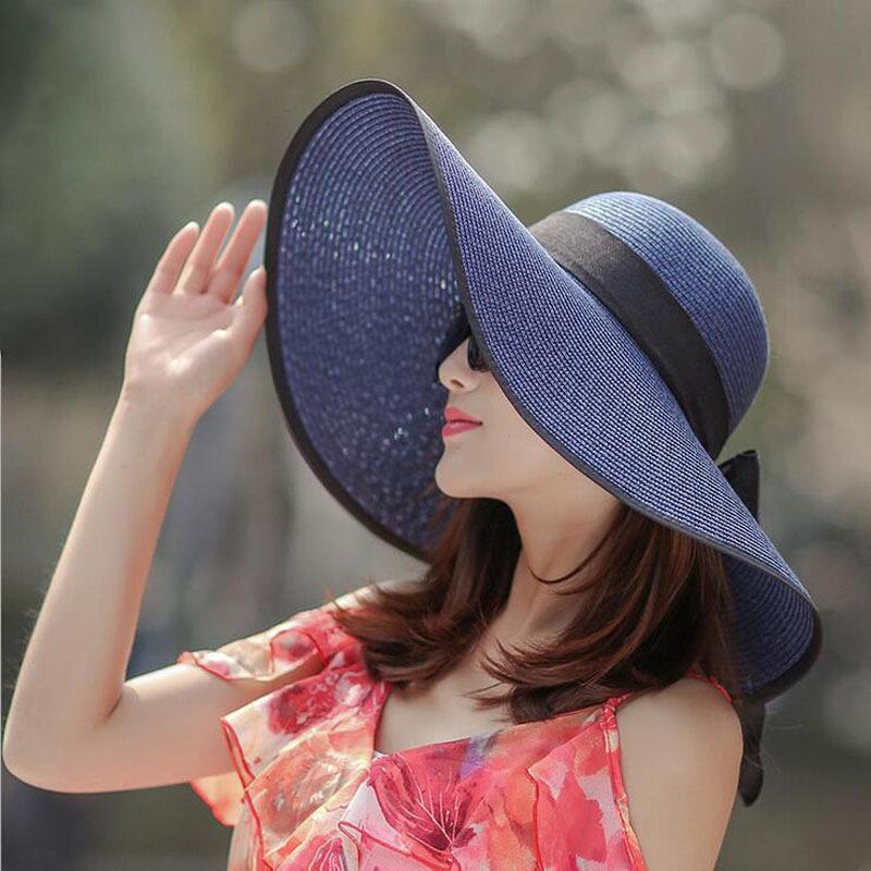 Sun hat women's summer tide versatile sunscreen outdoor outing big edge sun hat foldable seaside beach butterfly straw hat