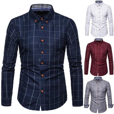 Herren Klassisches Karomusterhemd Mode Einfarbig Langarm Revers Knopf Slim Casual Hemd Business Büro Pendlerhemd